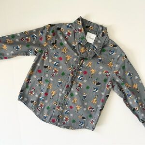 Disney Mickey & Friends Grey Long Sleeve Christmas Button Down Shirt - 18M